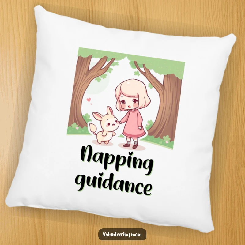 Funny Pillow: A plush pillow decorated with a mom character gently guiding a small, lost creature with a tender touch.