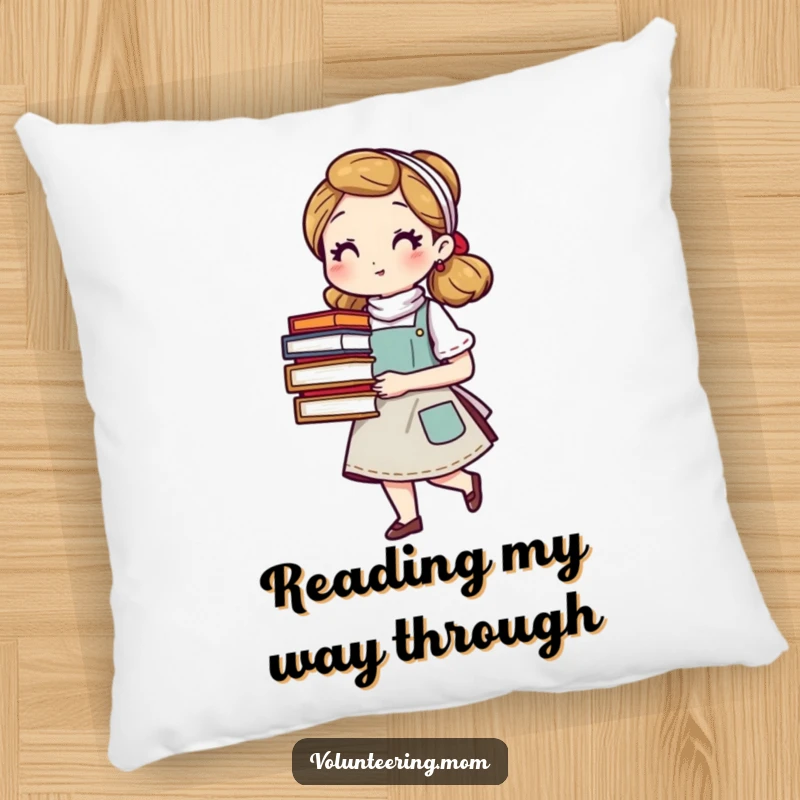 Funny mom pillow featuring a character in an apron carrying books, offering comfort and a humorous tribute to literary moms, a great funny gift.