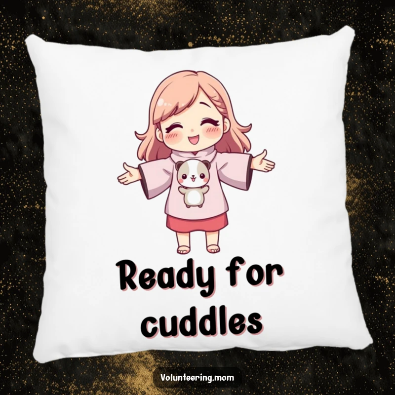 Funny mom character with outstretched arms hugging a small animal, soft decorative pillow, cute embrace theme, humorous home decor.