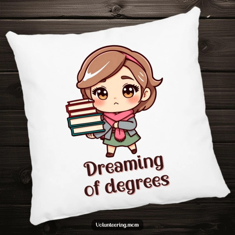 Funny mom decorative pillow with a determined character holding a stack of books, perfect for cozy reading sessions.