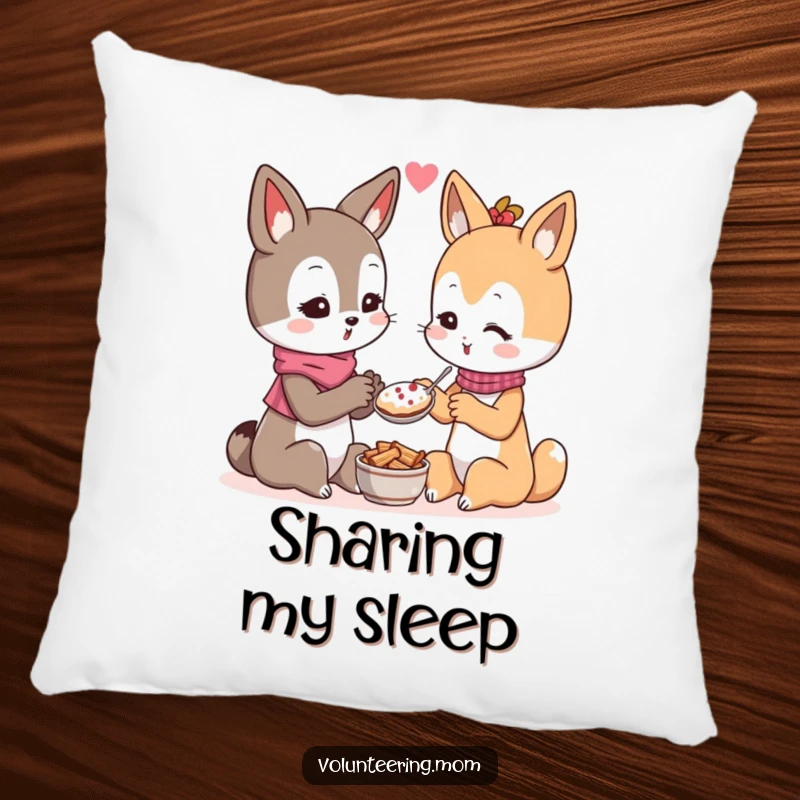 Funny Kawaii mom animal character pillow, showing the sweet character generously sharing food, offering comfort and a message of love.
