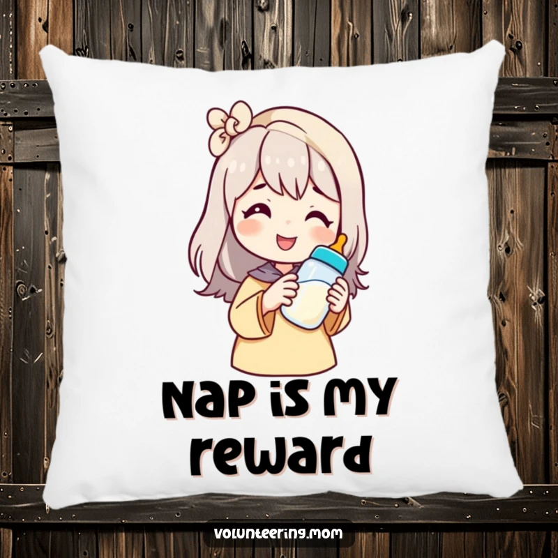 Funny mom decorative pillow with a smiling character offering a baby bottle, providing comfort and humor.