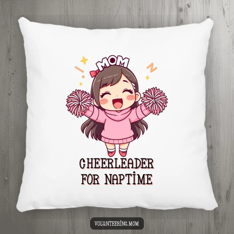 Funny mom pillow, soft and cuddly, featuring a smiling mom with pom-poms for cozy cheer.