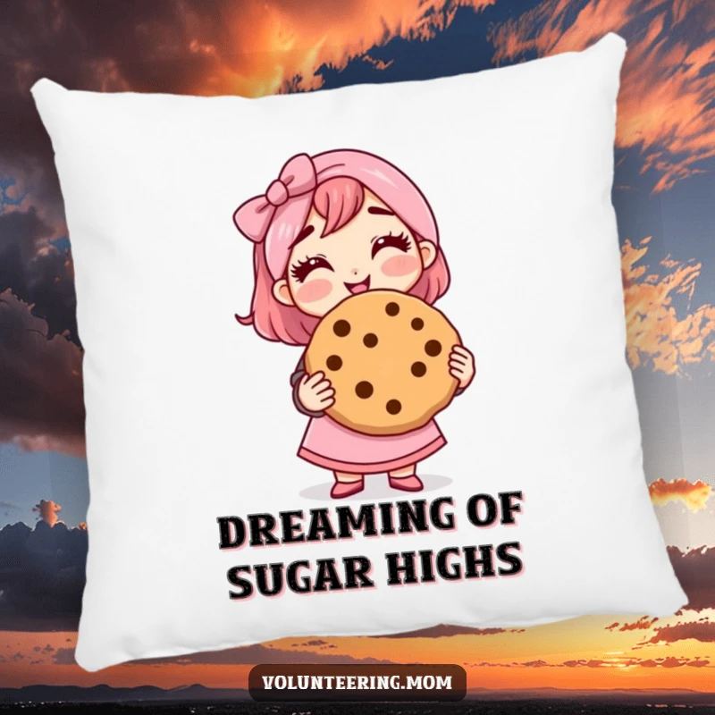 Funny mom pillow, soft and cuddly, showing a proud mom with a giant cookie for ultimate comfort.