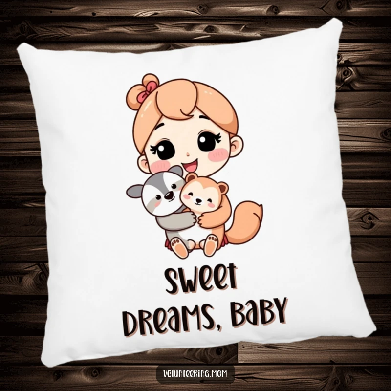Kawaii mom character with a loving smile holding a cute baby animal, on a soft, decorative pillow.