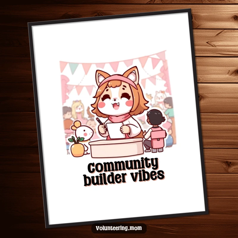 Funny digital art print of a cheerful Kawaii mom animal character joyfully organizing a lively and successful community event.