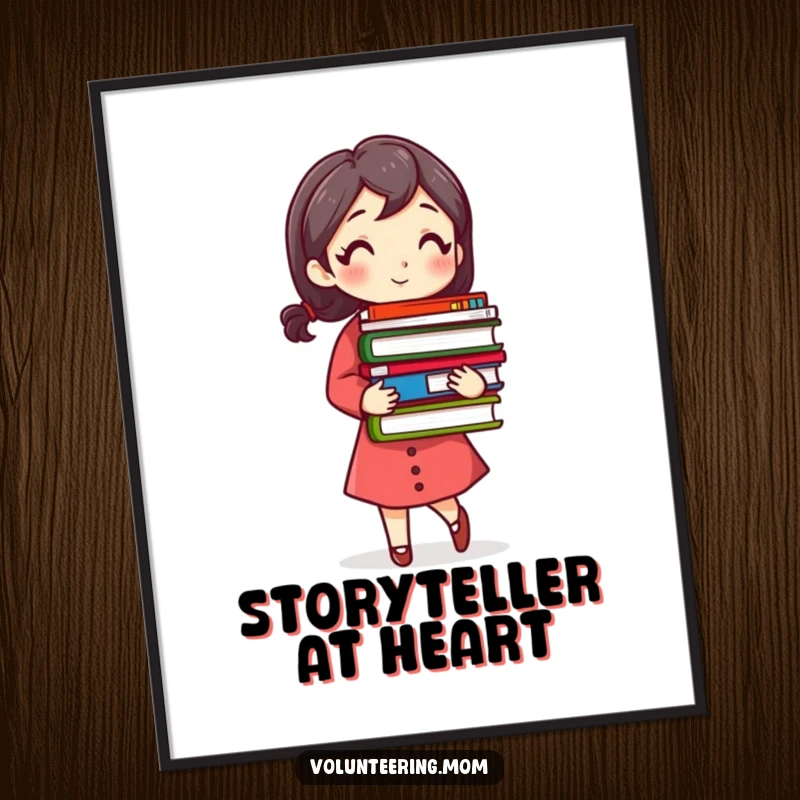 Funny Busy Mom Digital Art Print featuring a woman carrying a stack of colorful books, celebrating her love for reading.