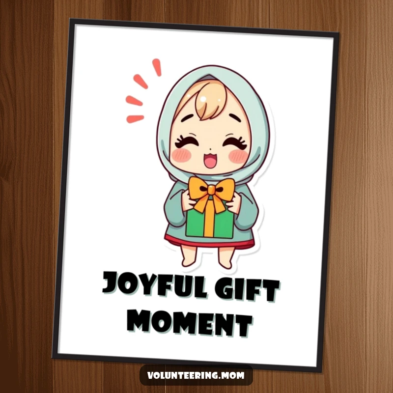 Funny digital art print of a kawaii mom character looking overjoyed and excited about receiving a gift.