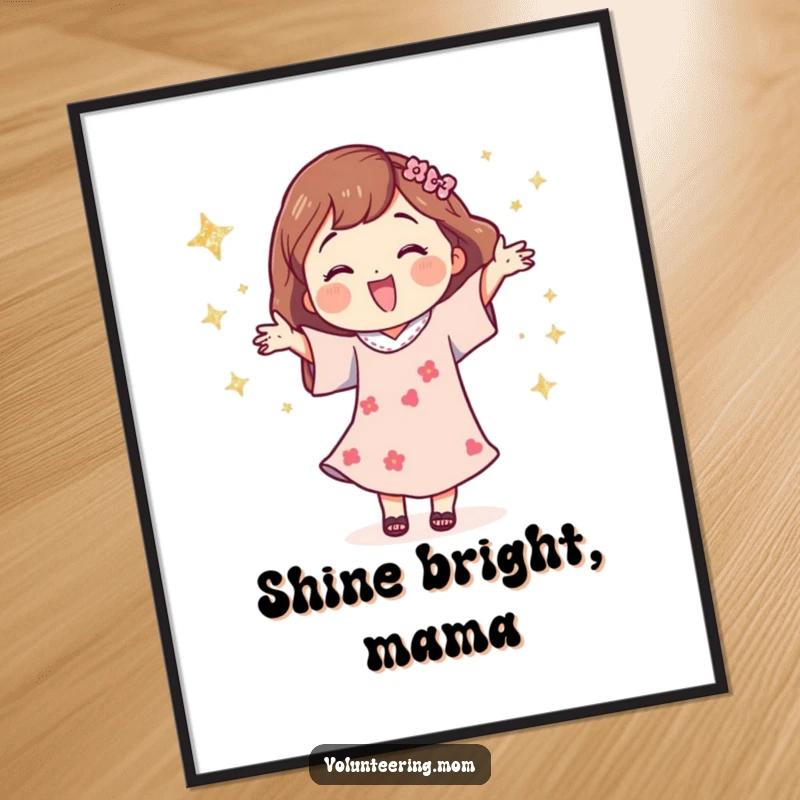 Funny digital art print of a happy mom character dancing energetically with dazzling glittery stars, full of life.