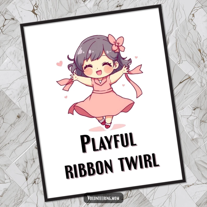 Funny digital art print of a mom character in a playful spin with a ribbon, conveying pure delight.