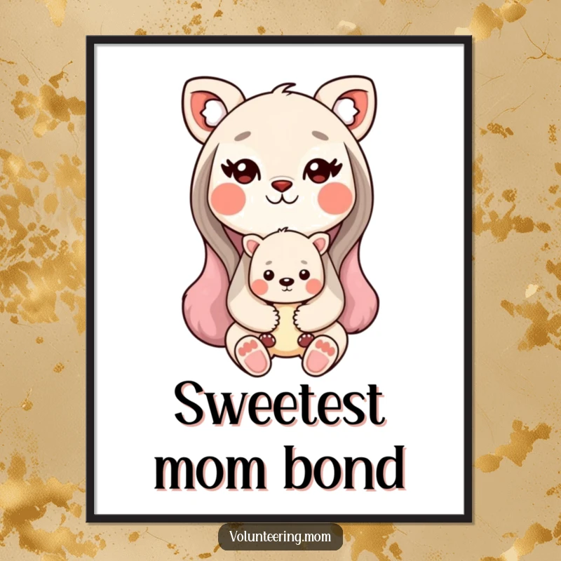 Funny Kawaii animal mom digital art print of a sweet mother animal holding her baby, celebrating love.