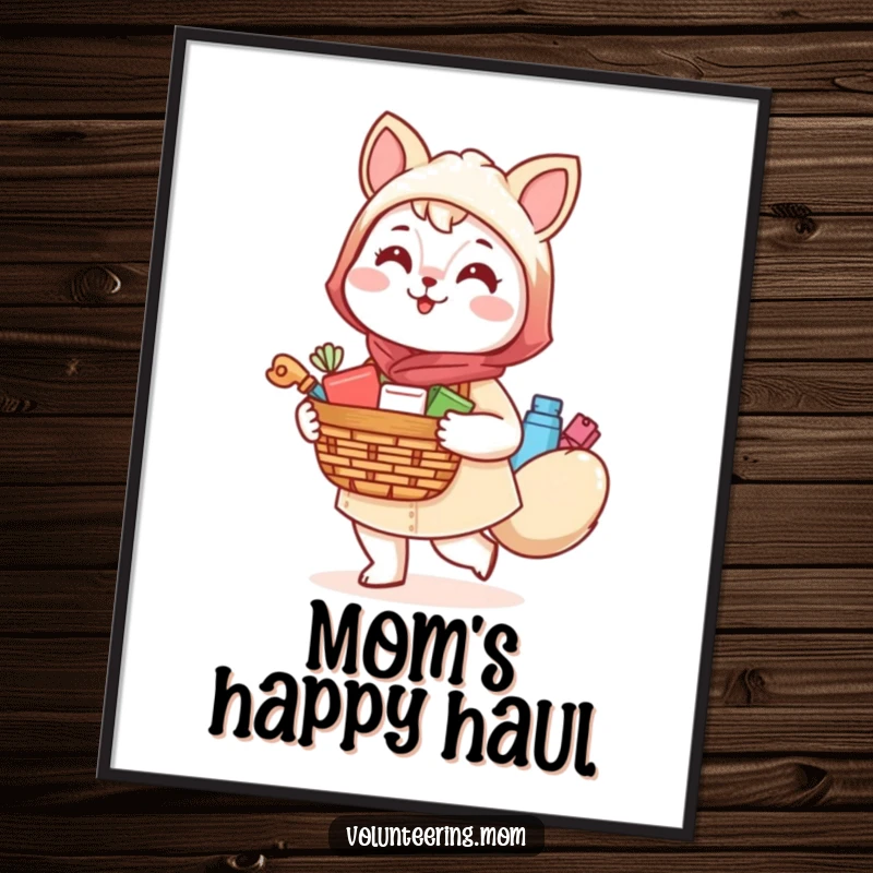 Funny Kawaii Mom Animal Digital Art Print, a cheerful mom character with a supply basket, radiating joy.
