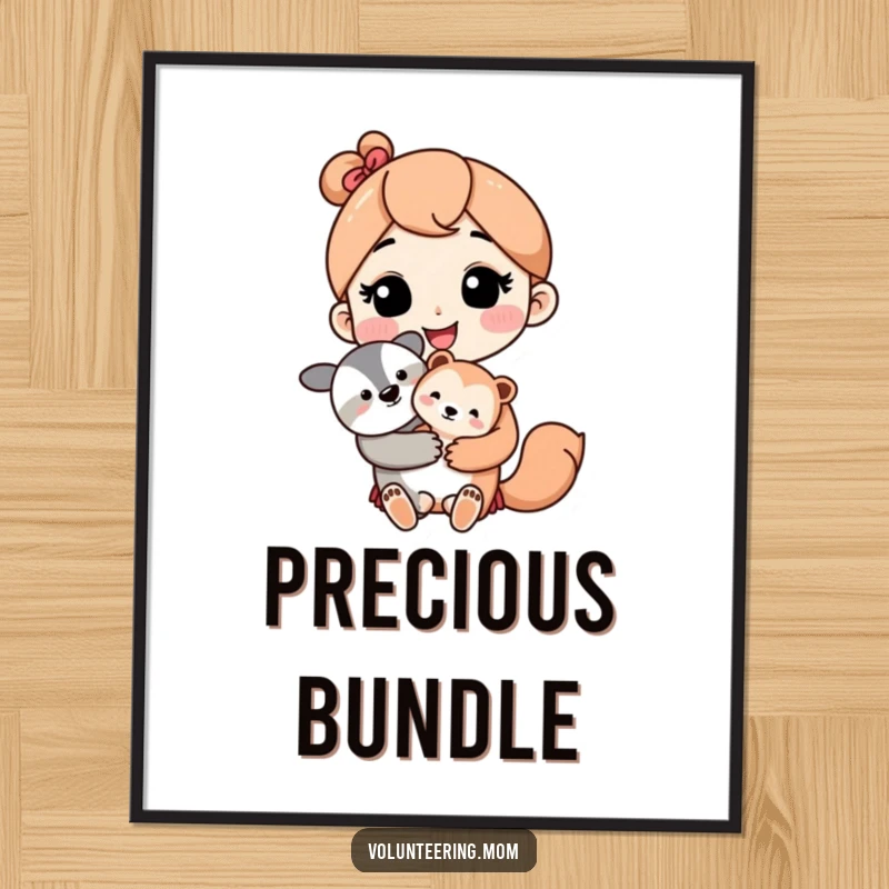 Kawaii mom character with a loving smile holding a cute baby animal, as a downloadable digital art print.