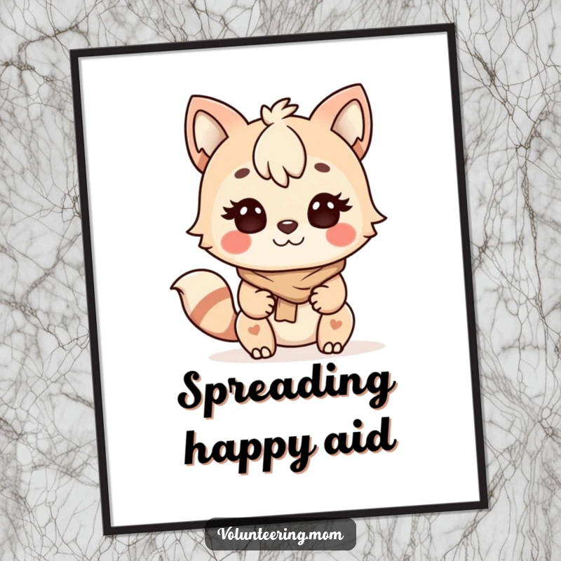 Funny Kawaii Mom Helping Animal Digital Art Print, a determined mom character happily assisting others.