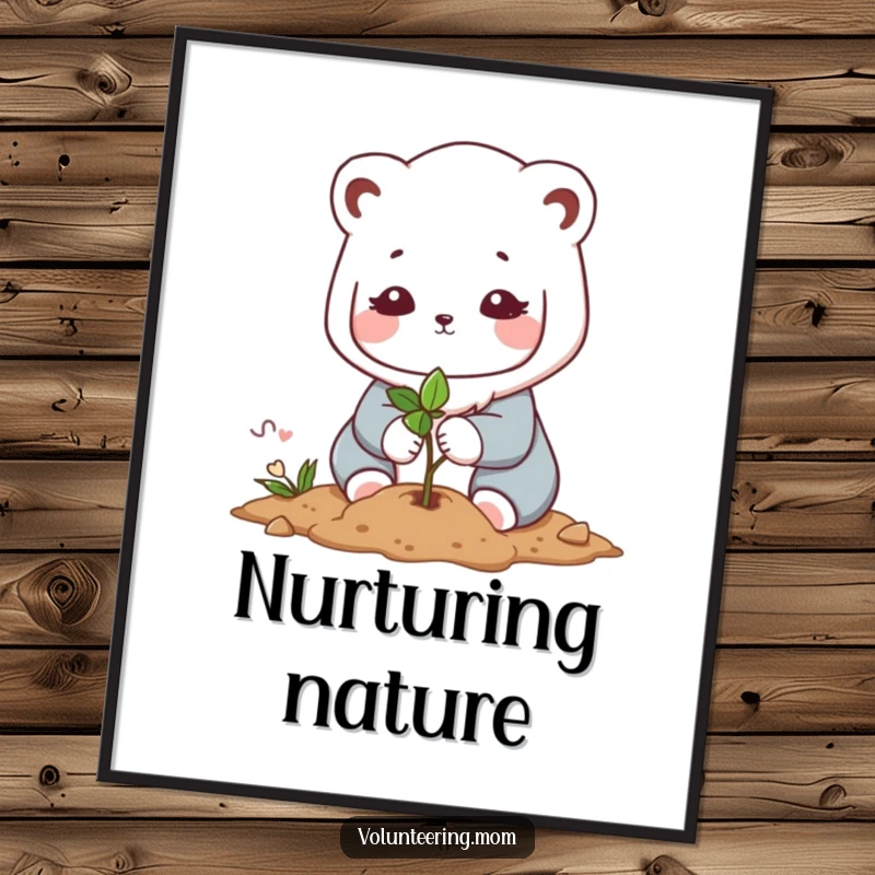 Funny Kawaii mom animal character digital art print, showing the gentle act of planting a small sapling with care and love.