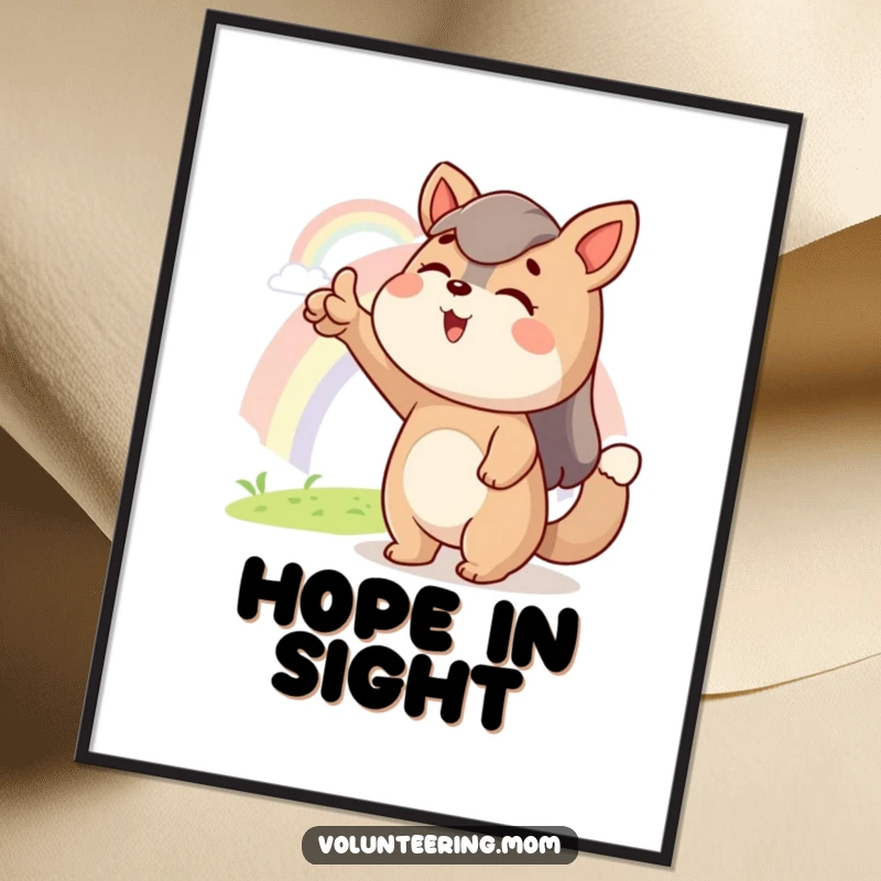 Funny digital art print of an excited Mom animal character pointing towards a distant rainbow, embodying hope and optimistic dreams.