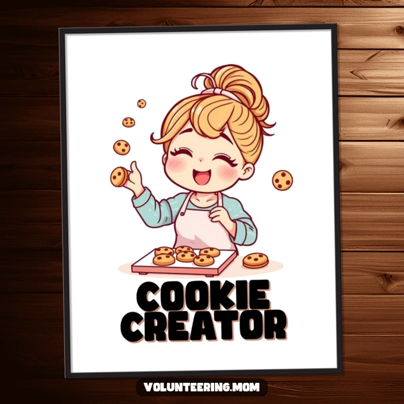 Funny mom character with a messy bun joyfully baking cookies, as a downloadable digital art print.