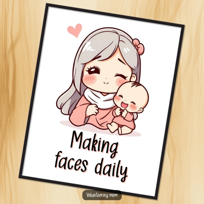 Funny digital art print of a mom making an exaggerated funny face to entertain her child, full of joy.