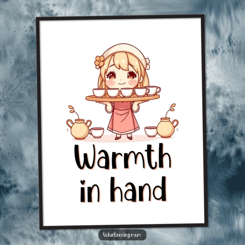 Funny digital art print of a mom character balancing a tray of steaming cups, perfect for instant wall decor.