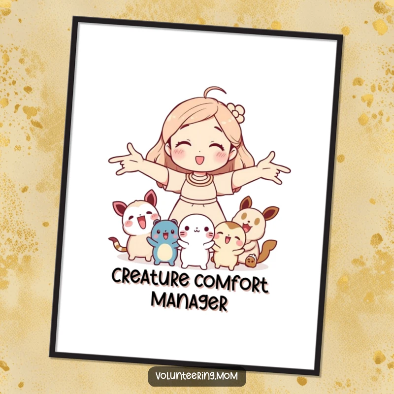 Funny digital art: Mom open-armed welcoming cute creatures, a humorous and charming illustration, ideal for instant decor.