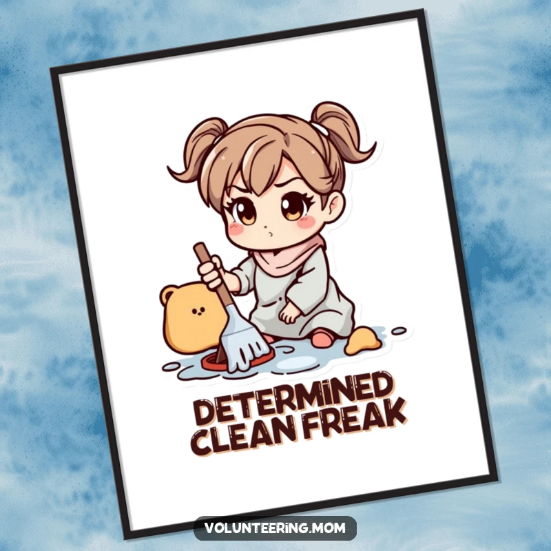 Funny Digital Art Print: A high-resolution, printable artwork of a mom character with a determined expression, cleaning a scattered, messy area.