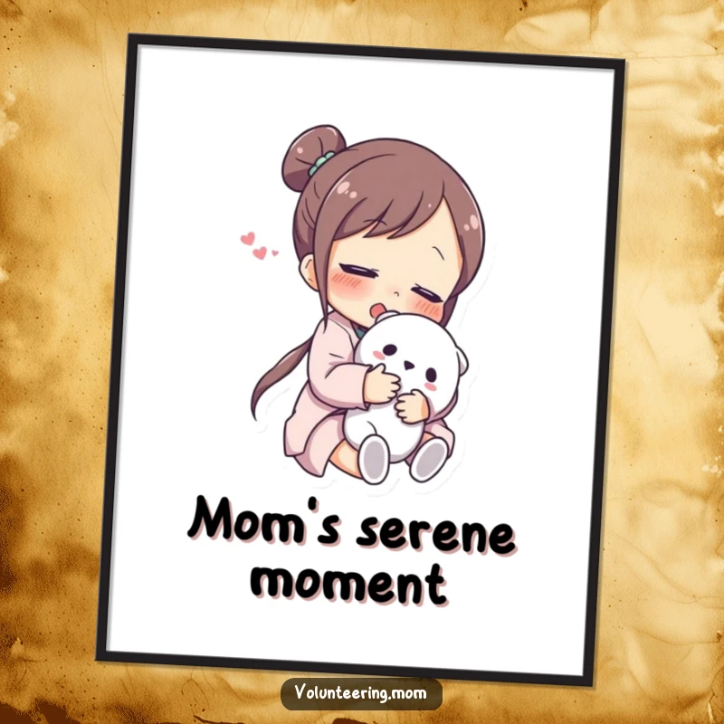 Funny Digital Art Print: A high-resolution, printable artwork of a mom character hugging a cuddly toy with blissful relief.