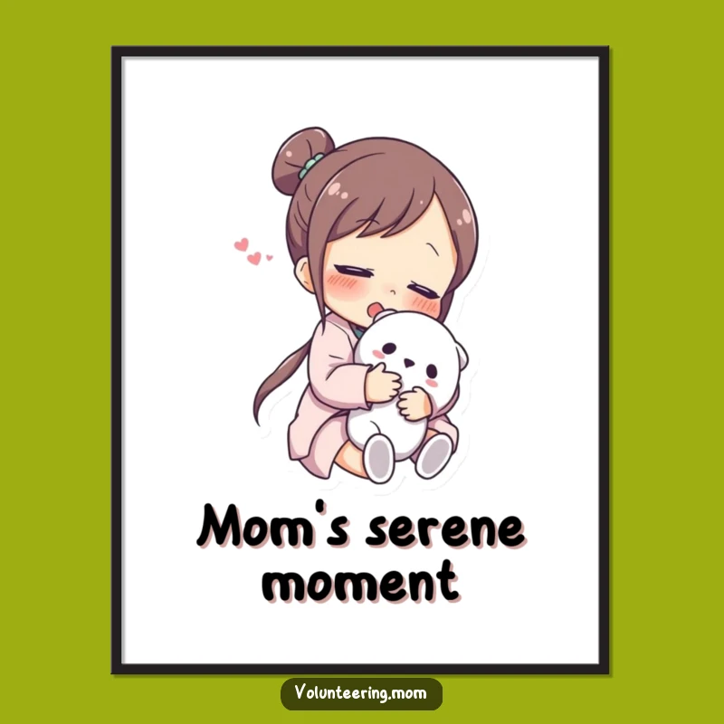 Funny Mom Digital Art: Printable relieved mom hugging toy, instant funny decor gift download.