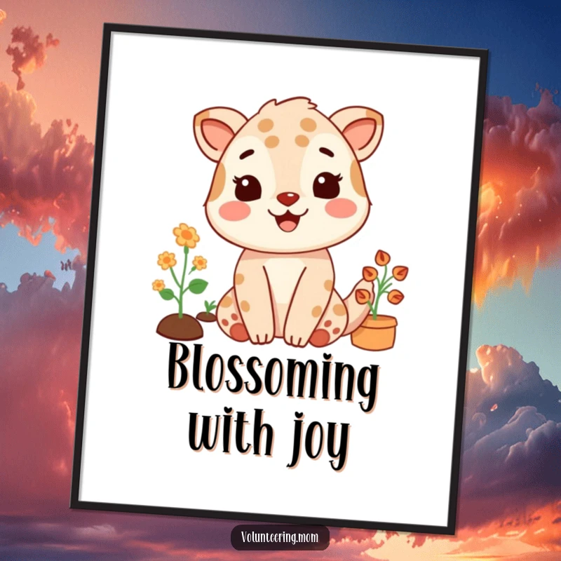 Funny digital art print of a mom animal character gardening with a satisfied smile, perfect for garden-themed decor.