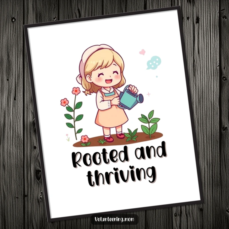 Funny digital art: Mom happily watering her garden, a humorous and charming illustration, ideal for instant decor.