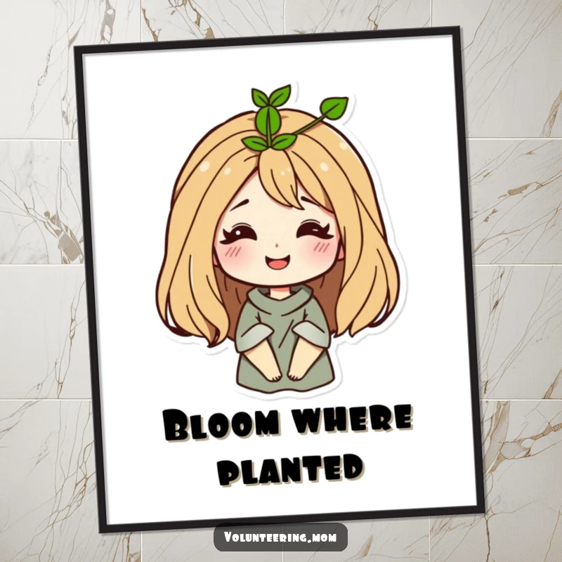 Funny Mom Digital Art Print featuring a smiling woman with a sprout growing from her hair, a symbol of growth.