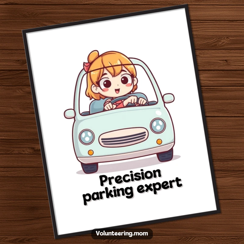 Funny digital art print of a mom expertly driving a tiny car, capturing a humorous and skilled moment.
