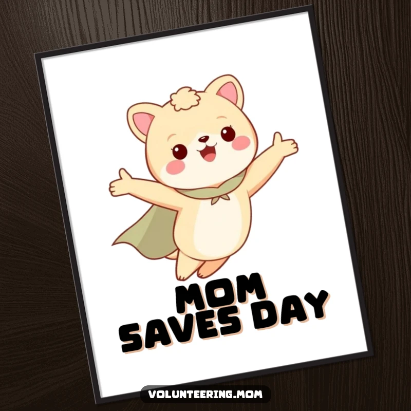 Funny digital art print of a mom animal character in a cape, flying with arms outstretched, perfect for mom decor.