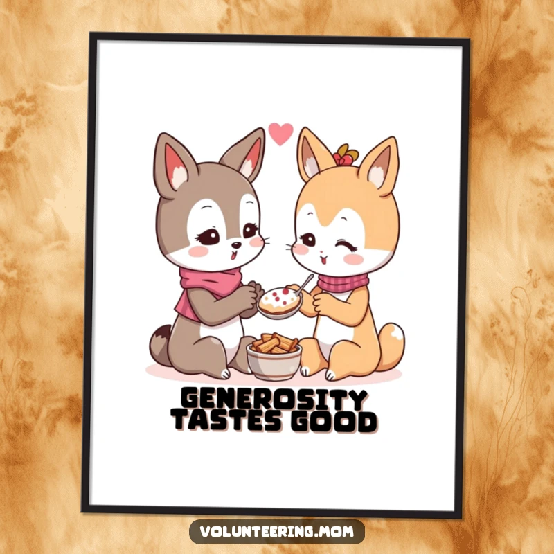 Funny Kawaii mom animal character digital art print, showing the generous act of sharing food with another character, full of warmth.