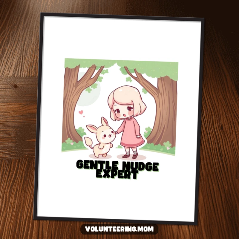 Funny Digital Art Print: A high-resolution, printable artwork of a mom character gently nudging a lost creature.