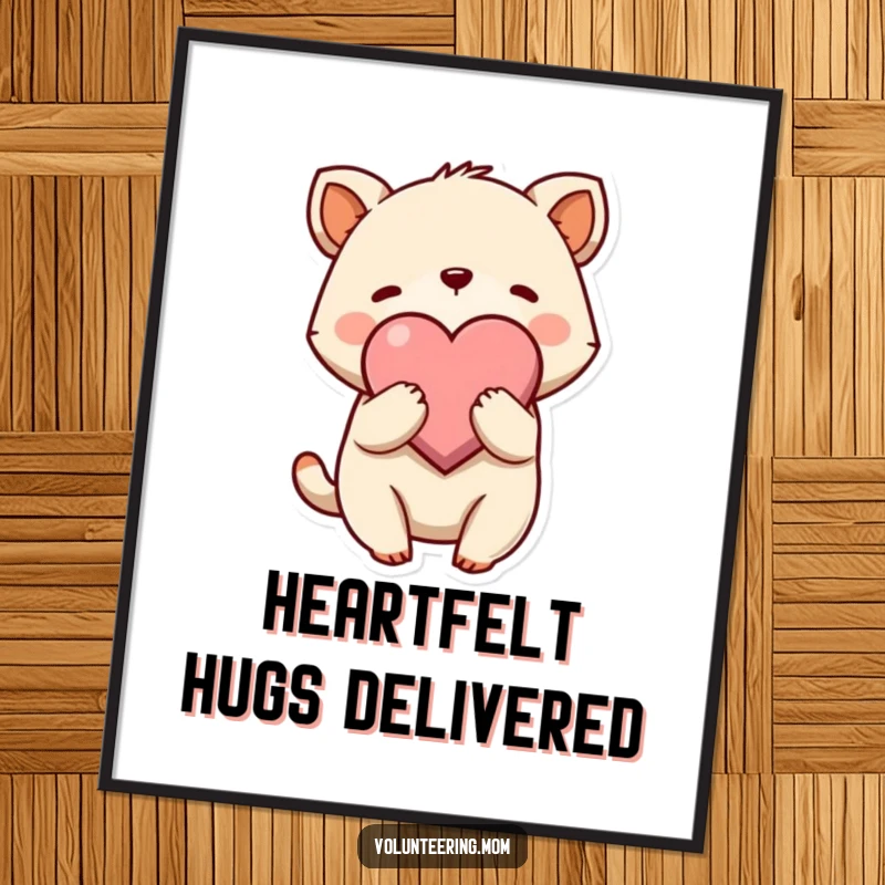 Funny Hug Digital Art Print showing a cute animal character giving a gentle embrace to a large heart symbol, radiating love.