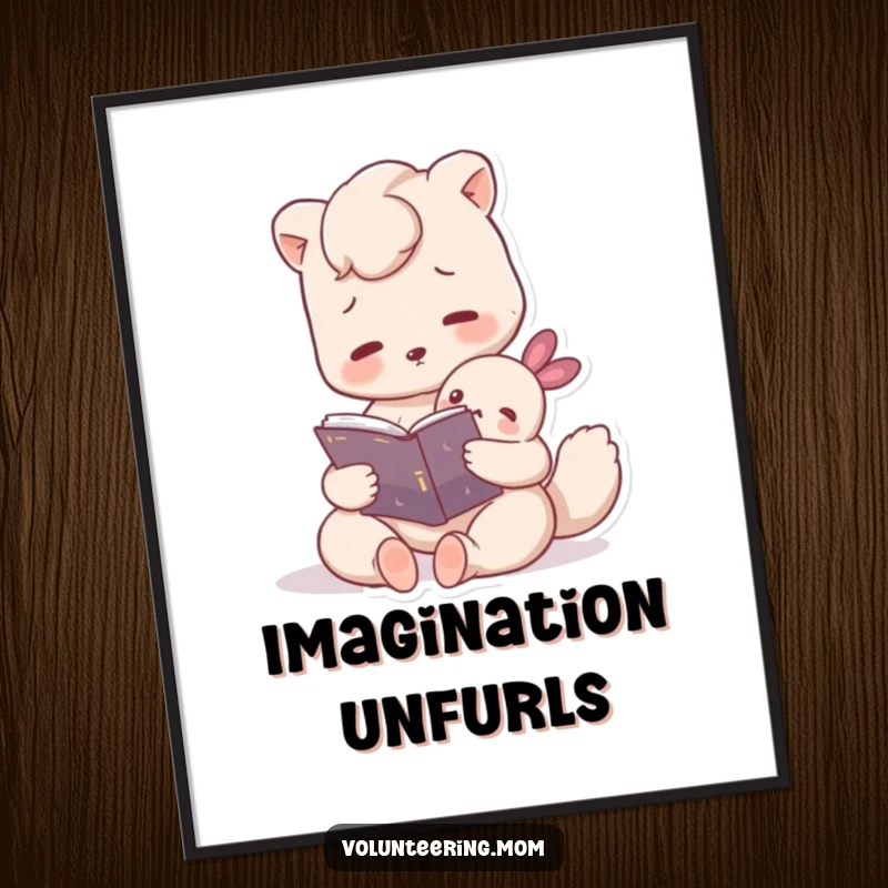 Funny digital art print of a caring Mom animal character reading a book to an attentive small creature, evoking warmth and love.