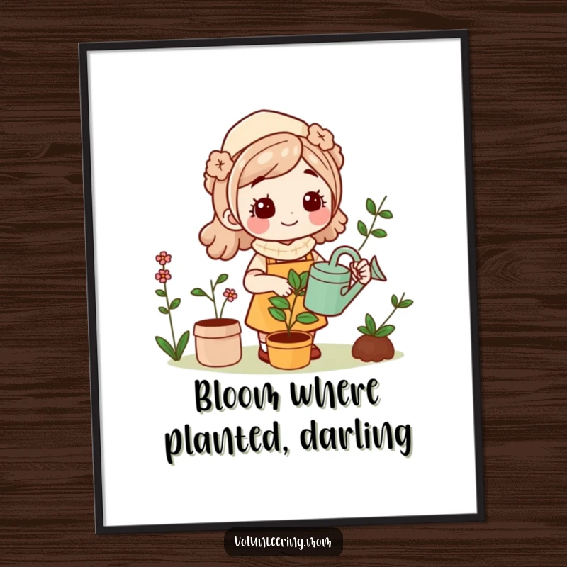 Funny Kawaii Mom gardening digital art print, instant download artwork of a happy mom with plants.