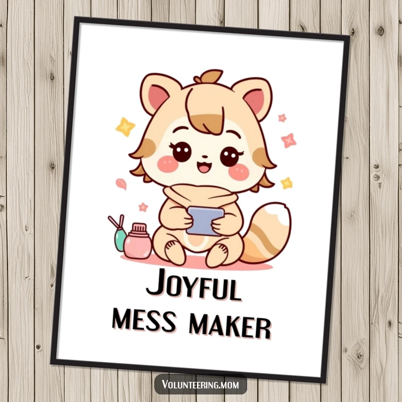 Funny digital art print depicting a super cute Kawaii mom animal character energetically multitasking with a big, happy smile.