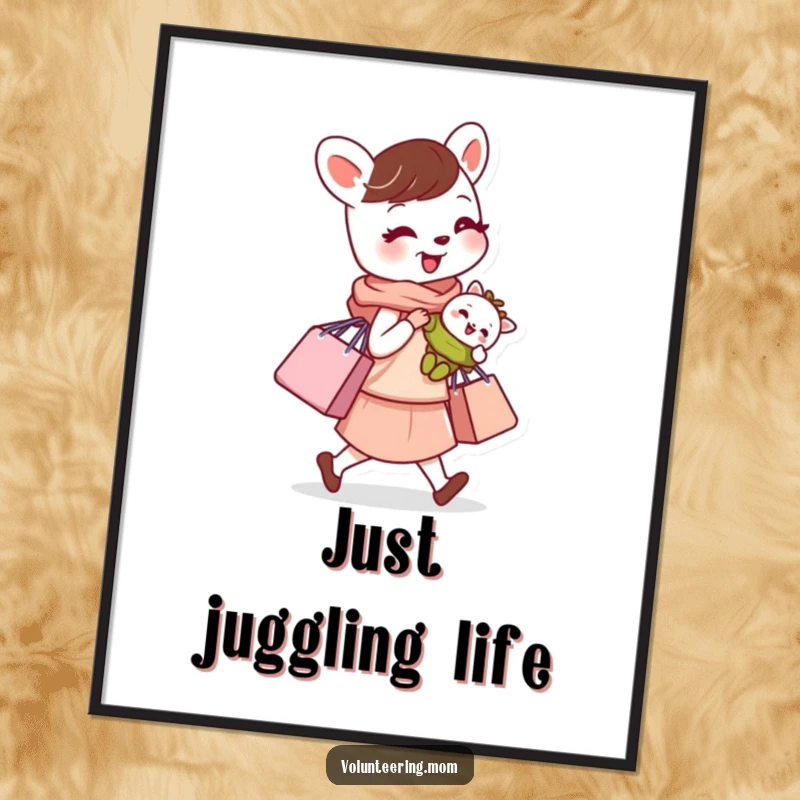 Funny digital art print of a busy mom animal character carrying a baby and shopping bag, perfect for mom's decor.