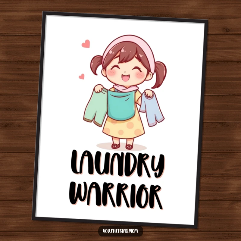 Funny digital art print of a smiling mom character happily carrying laundry, radiating warmth and humor.