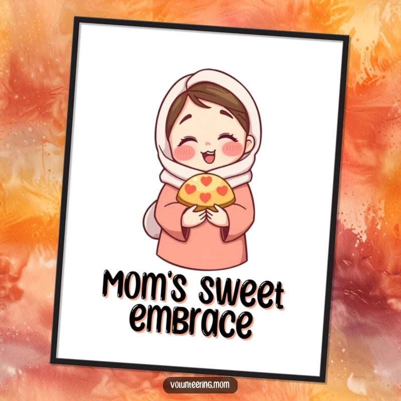 Funny Digital Art Print: A high-resolution, printable artwork of a mom character in a warm hug, offering a delicious pastry.