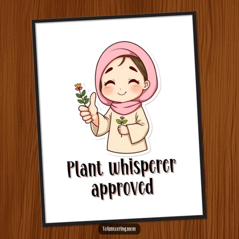 Funny digital art print of a mom giving a thumbs up, holding a plant, radiating warmth and humor.