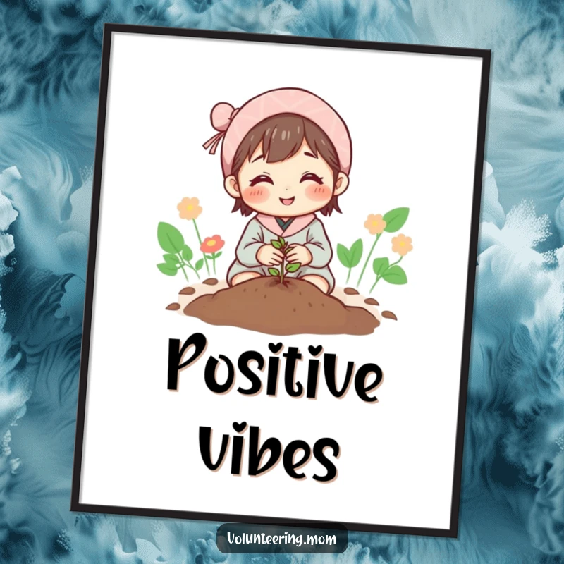 Funny Mom Digital Art Print: Hopeful mom planting a tiny seed, symbolizing growth and new beginnings.