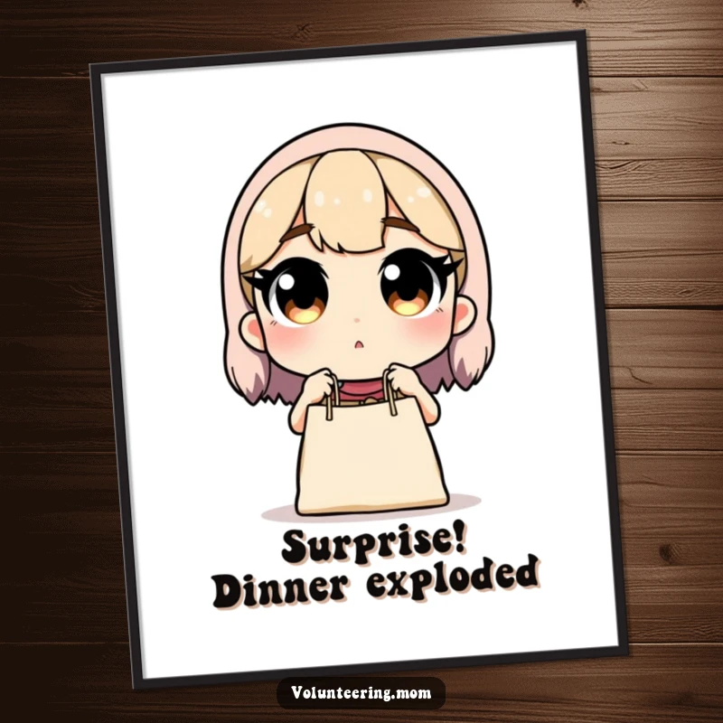Funny digital art: Mom’s surprised face at a dropped grocery bag, a humorous and charming illustration, ideal for instant decor.