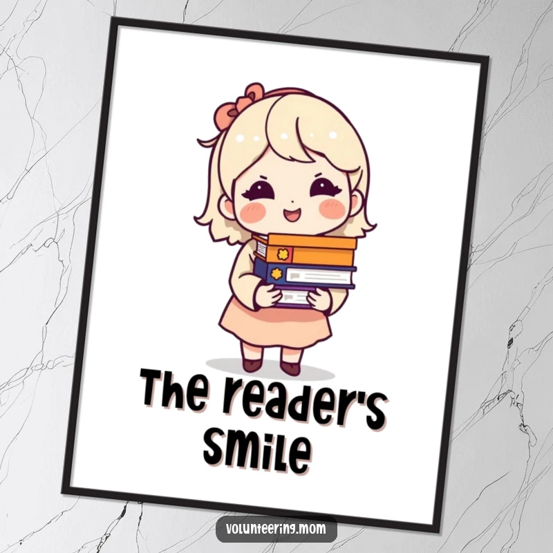 Funny digital art print of a mom character holding a stack of books with a wise, knowing smile.