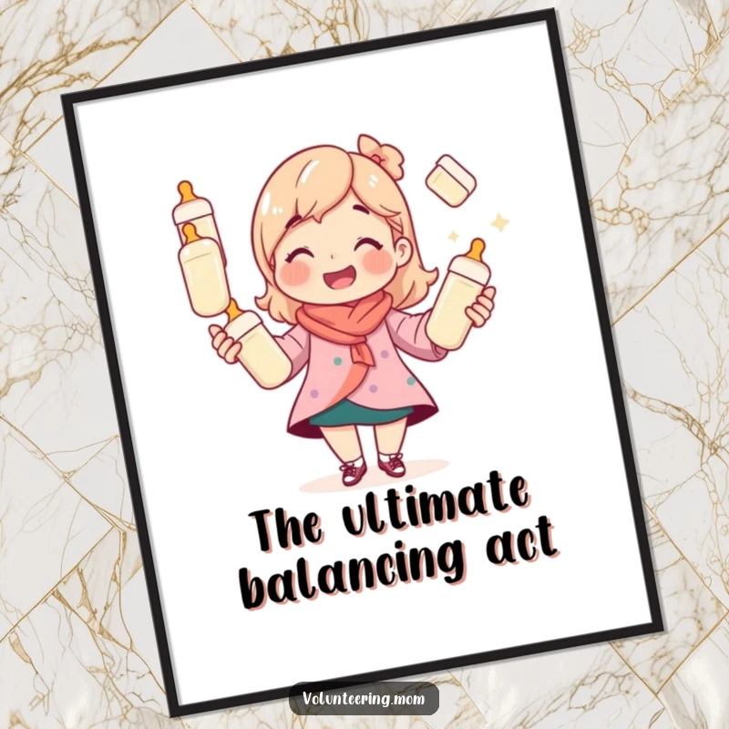 Funny mom juggling digital art print, instant download artwork of a smiling mom with baby bottles galore.