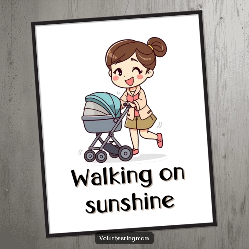 Funny digital art print of a mom character energetically pushing a baby stroller with a smile, perfect for instant wall decor.