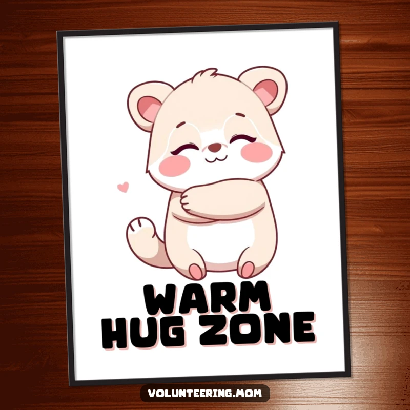 Funny Kawaii animal mom digital art print of a character giving a big, warm hug, radiating love.