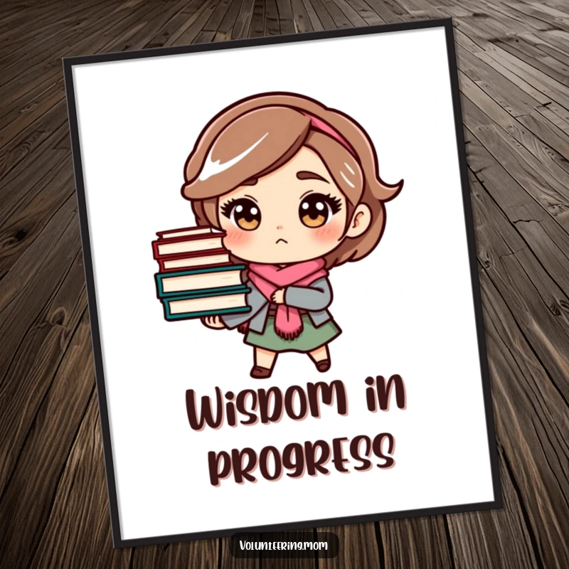 Funny mom digital art print showing a determined character carrying a stack of books, perfect for instant humorous decor.