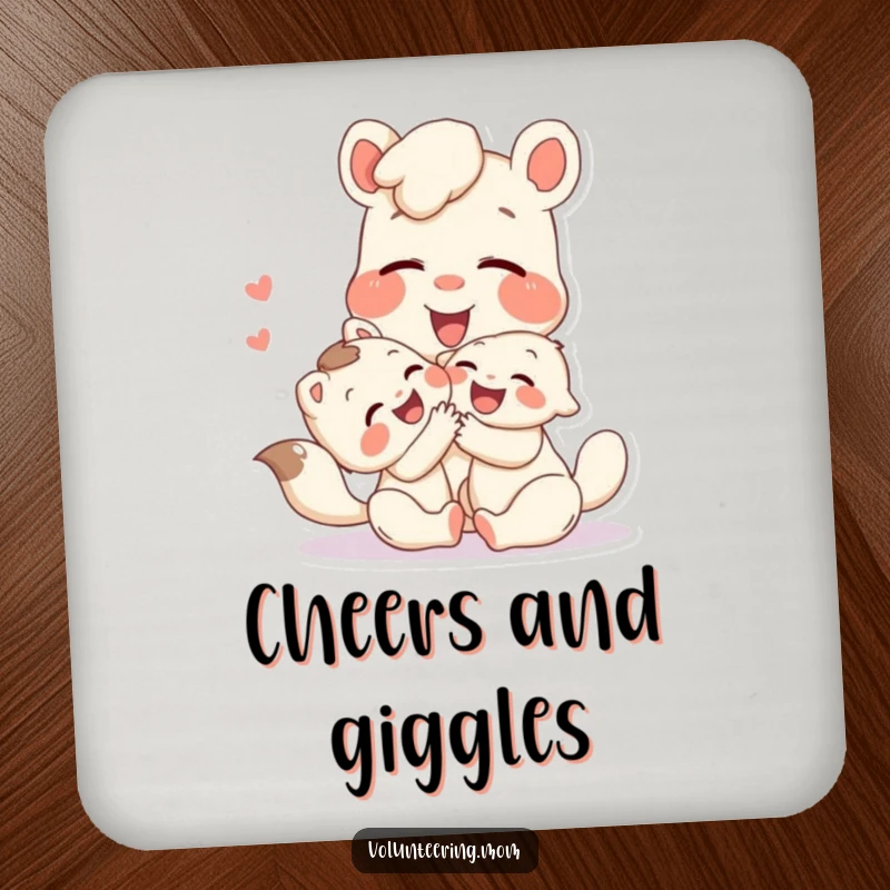 Funny drink coaster featuring a happy Mom animal character laughing during playtime with a child, adding cheerful humor.